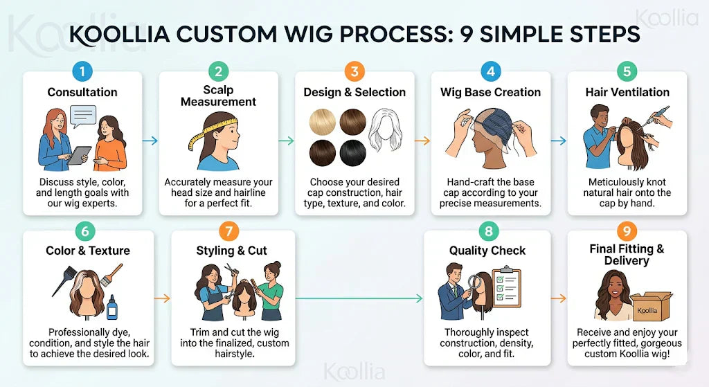 A simple 9-step diagram of the Koollia custom wig process