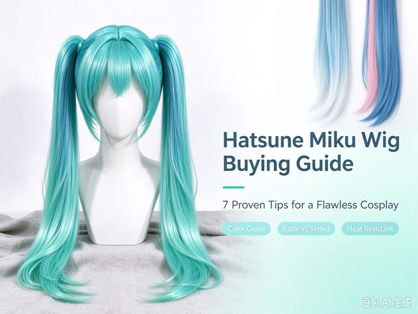 Hatsune Miku wig buying guide: turquoise twin tails on a mannequin head with comparison color variants