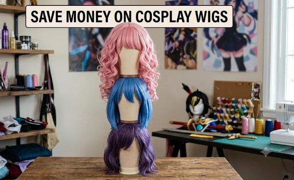 save money on cosplay wigs with three stacked wigs on stands of different fiber density