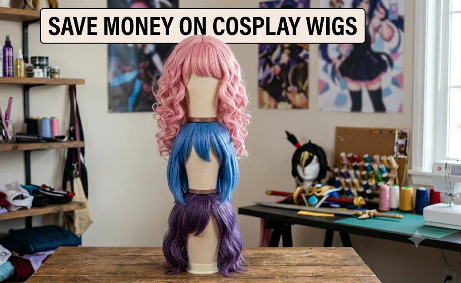 save money on cosplay wigs with three stacked wigs on stands of different fiber density