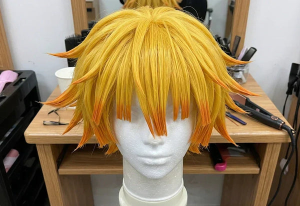 Vibrant golden Zenitsu wig with orange tips for cosplay styling