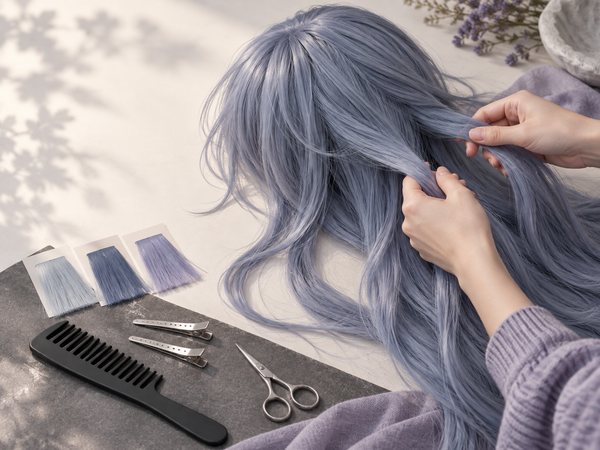 Blue anime wig in a muted blue-gray shade being sectioned for a Mahito cosplay hairstyle