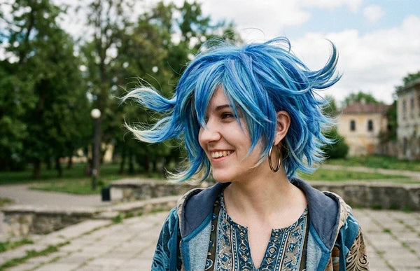 cosplay wig styled for windy outdoor day