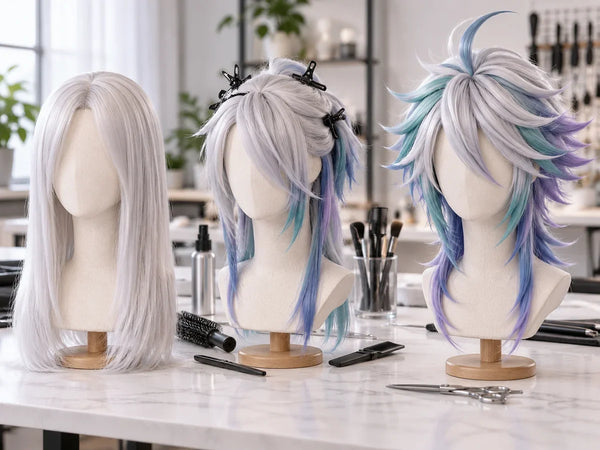 Custom cosplay wigs shown from an unstyled base to finished professional styling