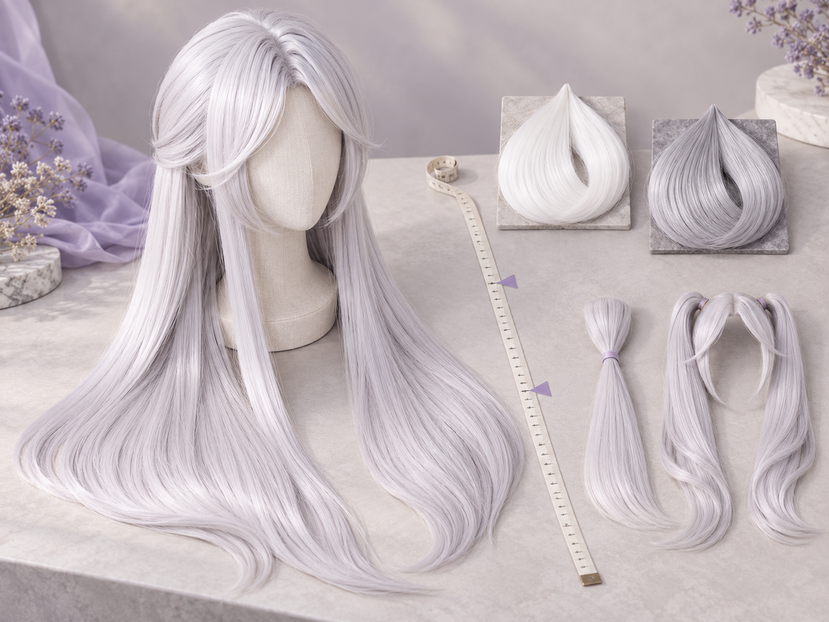 Frieren wig color and length comparison with silver-white hair, white and gray swatches, and a measuring tape