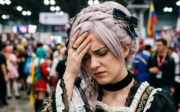A Western cosplayer of anime style, close-up shot of the head, one hand holding the side of the head, eyes closed with a painful headache expression, Caucasian facial features.