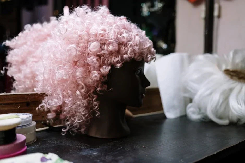 A curly pink wig placed on a mannequin head in an indoor dressing room setting