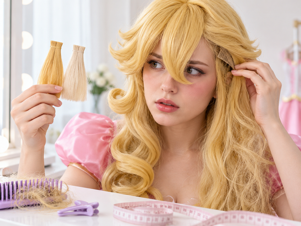 Princess Peach wig buyer comparing blonde shades, bang length, curl volume and adult cap fit
