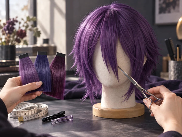 Reze wig on a mannequin while a buyer compares three purple fiber shades and prepares to trim the long bangs