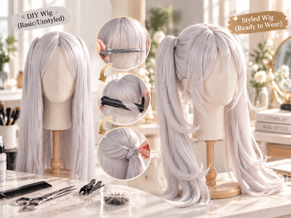 Before and after comparison of styled cosplay wigs from basic wig to ready-to-wear hairstyle
