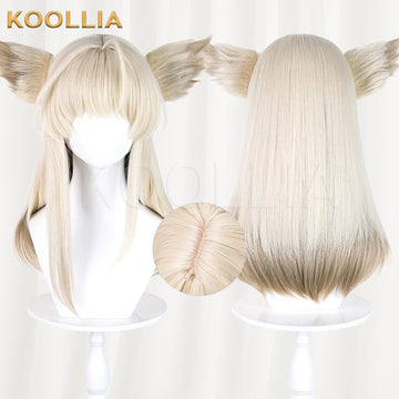 Multi-angle display of Arknights Endfield Perika cream blonde full fringe straight medium basic wig