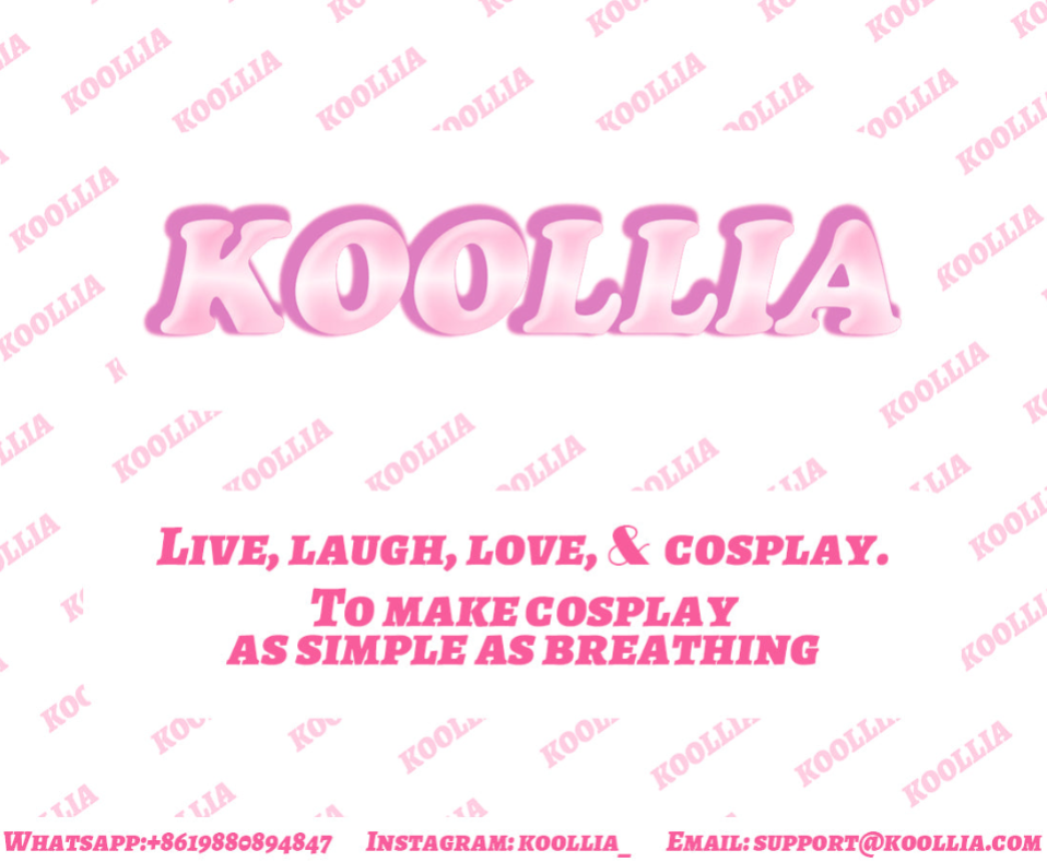 KOOLLIA brand graphic banner with pink text: Live, laugh, love, & cosplay. To make cosplay as simple as breathing