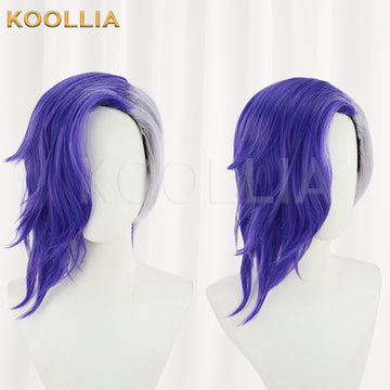 Multi-angle display of One Piece Page One purple white split color side part fluffy layered long curly hair basic wig