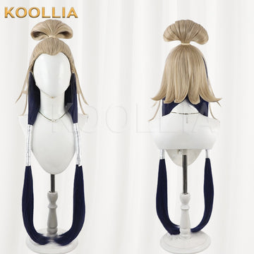 Koollia Gachiakuta Tamaki light gold and navy blue two-tone high bun cosplay wig with long braids, front and back view