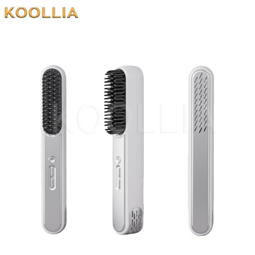 Portable cold air hair straightener brush high root styling tool set on plain background