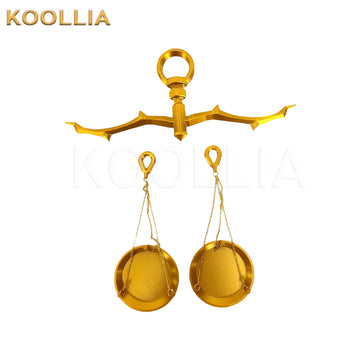 Arknights Penance golden balance scale cosplay prop display, showing the disassembled golden metal components. Features a thorn-styled metallic gold crossbar with a top loop handle, and two separate matching gold weighing pans with thin chain loops.
