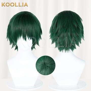 Multi-angle display of Jujutsu Kaisen Maki Zenin dark green textured short shaggy basic wig