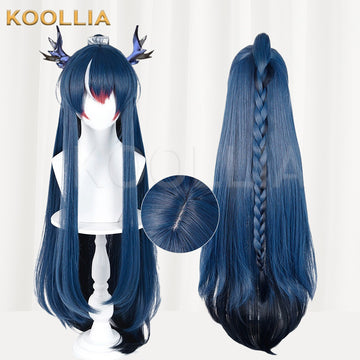 Multi-angle display of Arknights Ling custom toned blue-black realistic scalp clip-on ponytail long straight basic wig