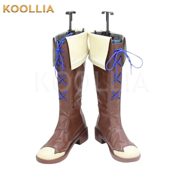 Pretty Derby Matikane Tannhäuser cosplay shoes product display, showing a pair of brown knee-high faux leather boots. The shoes feature cream-white folded cuffs, cream-white capped toes, and striking royal blue criss-cross laces tied at the top against a white background.