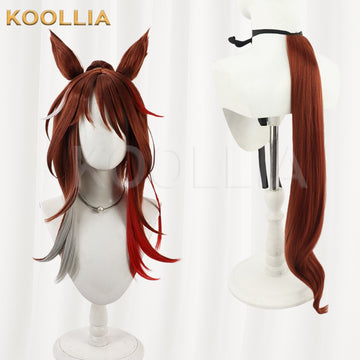 Multi-angle display of Uma Musume Pretty Derby Forever Young brown red mix long curly hair with ears basic wig