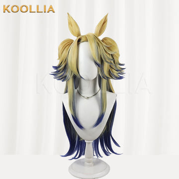 Multi-angle display of Uma Musume Ash Gray Cinderella golden blue gradient pigtail basic wig