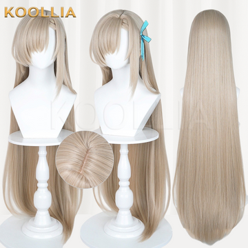 A composite image of a long, light blonde cosplay wig on white mannequins against a bright background. It shows a front view with side-swept bangs, a three-quarter view featuring a small blue hair ribbon on the side, a full back view displaying the extreme length of the straight hair, and a small circular inset showing the top skin parting.