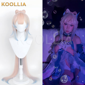 Koollia Genshin Impact Sangonomiya Kokomi long pastel pink and blue cosplay wig on mannequin next to a cosplayer wearing the styled wig and costume