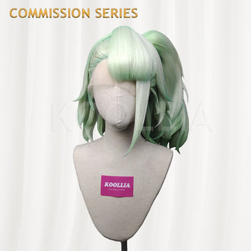 Front view of a long brown cosplay wig with dark violet or purple side-streaked bangs and a black headband, mounted on a white mannequin head against a plain background. The wig represents Chinatsu Remiel/Sunna from Zenless Zone Zero. The KOOLLIA brand watermark is in the upper-left corner.