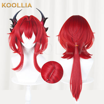 Multi-angle display of Arknights Endfield Levinthine bright red layered ponytail basic wig