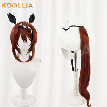 Multi-angle display of Uma Musume Pretty Derby Super Creek red brown short hair with braid & ears basic wig
