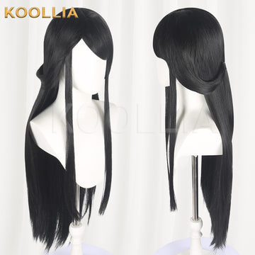 Justice Online Su Wen cosplay wig product display, showing side-by-side front and profile views. The long, solid black wig is styled into a traditional ancient look, featuring an elegant side-swept fringe, long slender face-framing side strands, and a half-updo style with smooth straight layers cascading down the back.