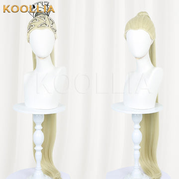 Koollia Garfield Abyss Wraith Nerdy light milk gold extra long ponytail cosplay wig, front and side views with headpiece