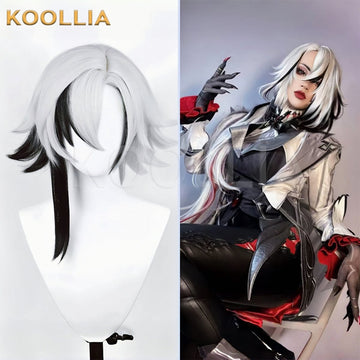 Koollia Genshin Impact Arlecchino white and black cosplay wig on mannequin next to a cosplayer wearing the styled wig and Fatui Harbinger costume