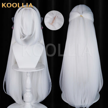 Genshin Impact Furina cosplay wig product display, showing a side-by-side view of the front and back styles with the asymmetrical long ponytail. Features a circular inset highlighting the realistic top hair part.