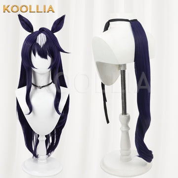 Front view of a deep navy blue cosplay wig with long wavy hair and side-swept bangs, mounted on a white mannequin head against a plain light background. The wig represents the Cosmo character from Pretty Derby. A pink ribbon or accessory may be partially visible at the back. The KOOLLIA brand watermark is in the upper-left corner.