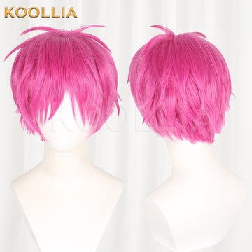 The Disastrous Life of Saiki K. Saiki Kusuo cosplay wig product display, showing side-by-side front and back views. The short hot pink wig features layered, textured anime-style point-cut bangs framing the face, choppy side sections, and two distinctive crossing upright hair strands (ahoge) on top of the crown.