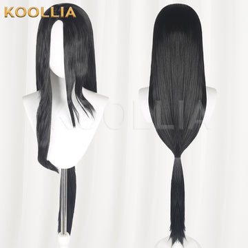 Justice Online Jiu Ling cosplay wig product display, showing side-by-side front and back views. The long, solid black wig features a classic middle parting with wavy face-framing strands on one side, and smooth straight layers pulled back into a low, single wrapped ponytail down the back.