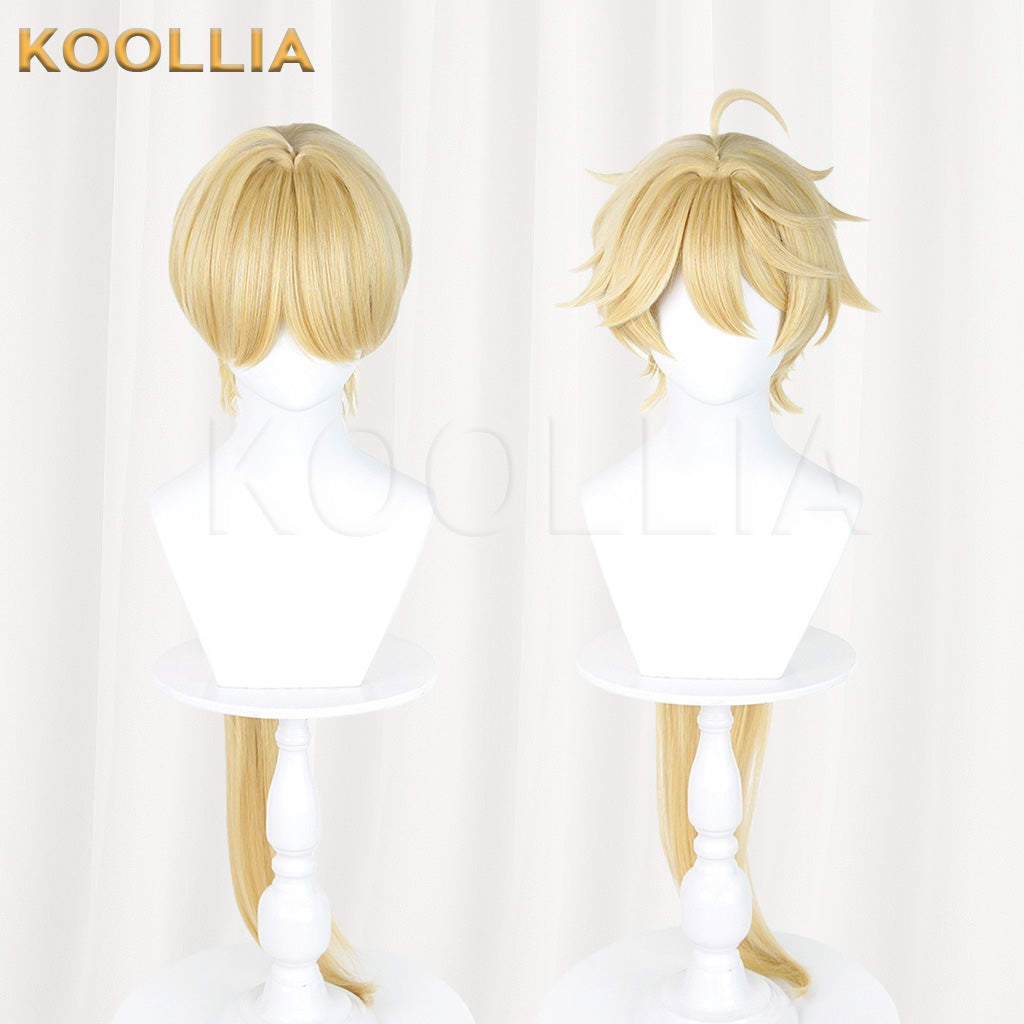 Genshin Impact Traveler Aether Lumine Light Golden Layered Basic Wig