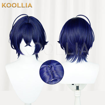 Multi-angle display of Zenless Zone Zero Rin deep royal blue short layered flip basic wig