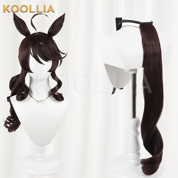 Uma Musume Pretty Derby Daring Tact cosplay wig product display, showing the styled base wig on the left and the long clip-on ponytail extension on a separate stand on the right. The dark brown wig features tall upright horse ears, sweeping side-parted anime bangs, spiral-curled side strands, a prominent top ahoge loop, and a separate extra-long wavy tail.