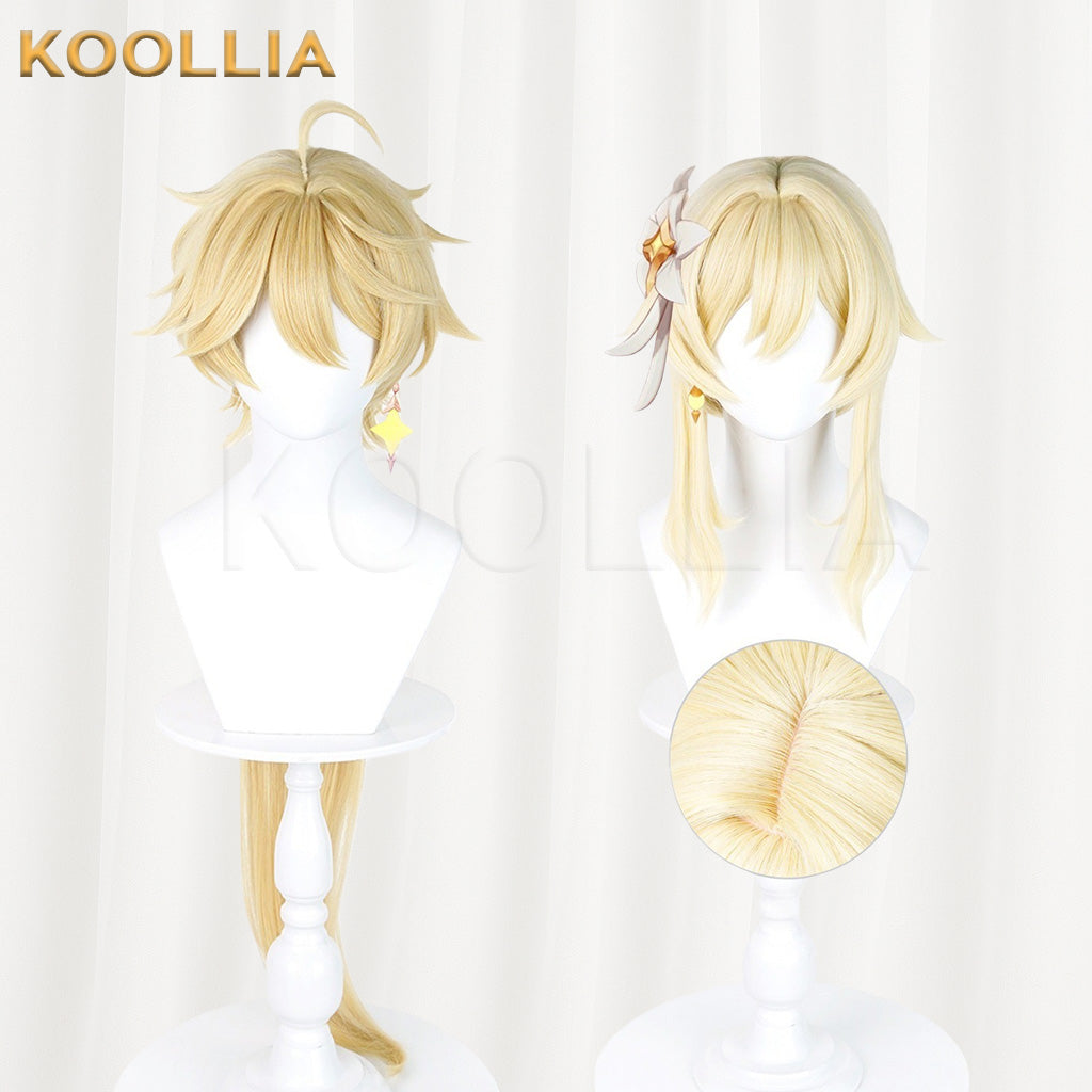 Genshin Impact Traveler Aether Lumine Light Golden Layered Basic Wig
