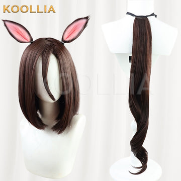 Multi-angle display of Umamusume Pretty Derby Air Shakur dark brown medium short hair basic wig with ponytail