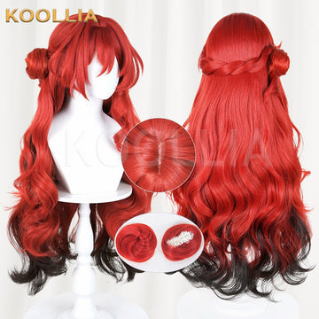 Honkai: Star Rail Himeko cosplay wig product display, featuring side-by-side front and back views with a vivid red to black gradient. Includes circular insets showing the realistic top skin part, interior rose net construction, and included wig caps.
