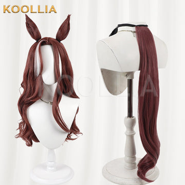 Uma Musume Pretty Derby Daring Heart cosplay wig product display, showing the styled base wig on the left and the long clip-on ponytail extension on a separate stand on the right. The reddish-brown wig features high upright horse ears, framed wavy side bangs with a distinct white streak on the center-right bang, and a separate extra-long matching wavy tail.