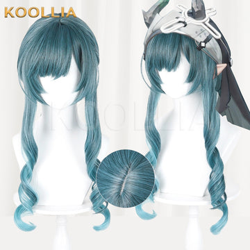 Multi-angle display of Arknights Endfield Siqi cyan-blue gradient long wavy basic wig