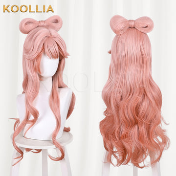 Arknights Haruhi cosplay wig product display, showing side-by-side front and back views. The long wig features a soft coral pink to muted orange gradient, styled swept-back side bangs, elegant loose wavy curls, and a distinctive bow-shaped hair bun loop styled on the top of the crown.