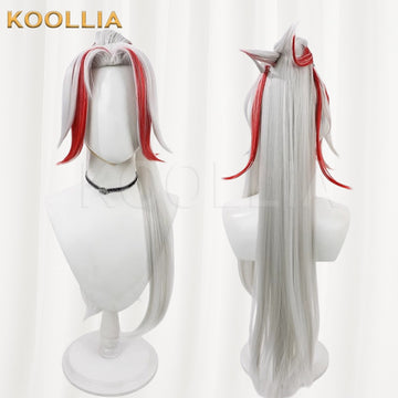 Multi-angle display of League of Legends & Heartsteel Yone white red two-tone high ponytail basic wig