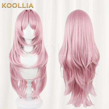 Blue Archive Kyougoku Satsuki cosplay wig product display, showing side-by-side front and back views. The long sakura pink wig features a multi-layered hime cut with thick face-framing sections, see-through bangs, a chin-length bob overlay layer, and extra-long cascading wavy hair extending down the back.