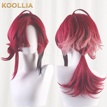 Front view of a long dark-red-to-purple gradient cosplay wig with side-swept bangs, mounted on a white mannequin head against a plain light background. The wig represents Shikanoin Heizou from Genshin Impact. A KOOLLIA brand watermark is visible in the upper-left corner.