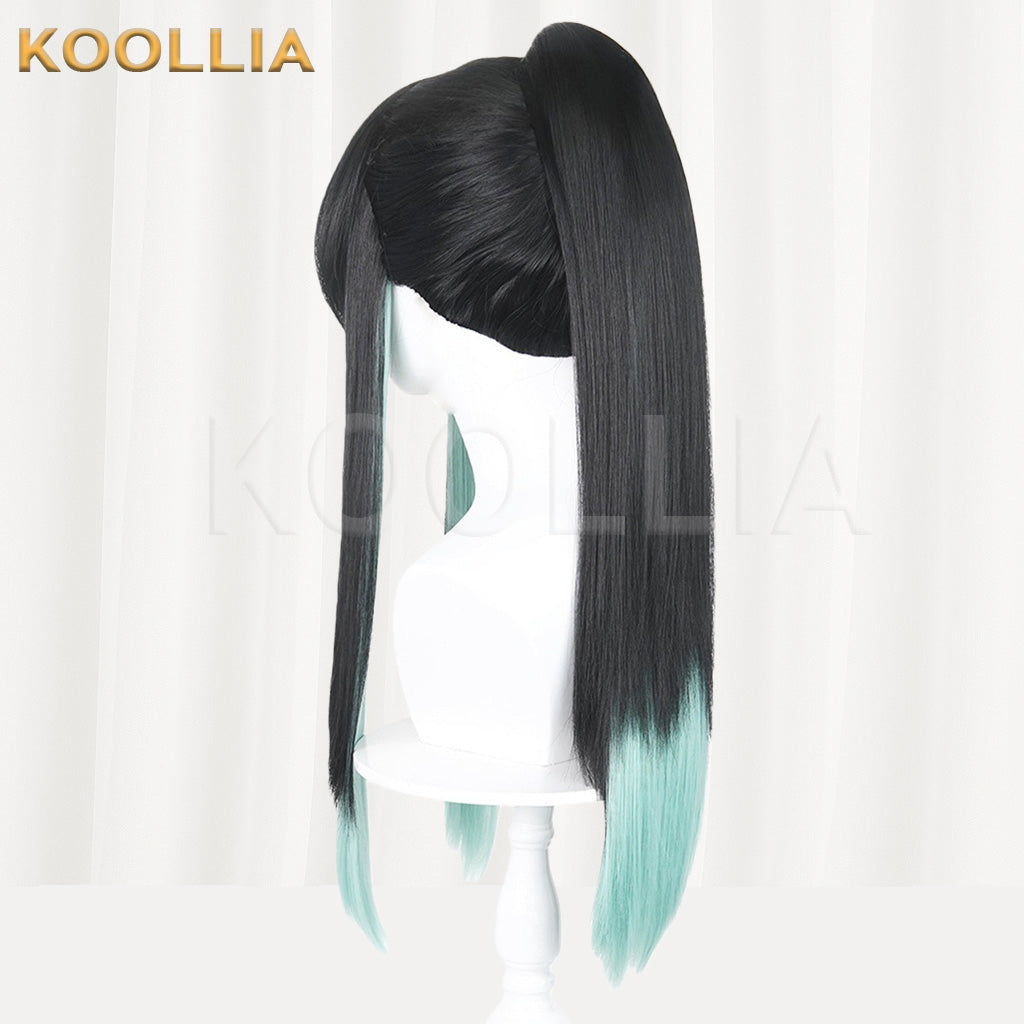 Demon Slayer Tokito Muichiro Black Teal Gradient High Ponytail Basic Wig